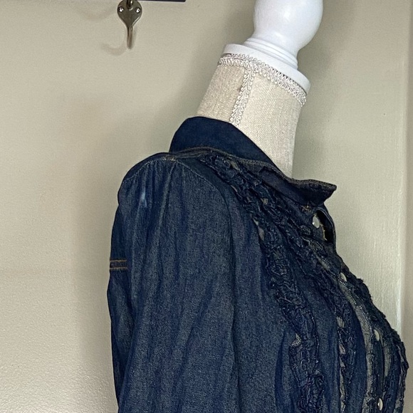 Indigo Blue Tuxedo Snap Front Denim Jean Belted Dress Size 16 - Picture 5 of 5